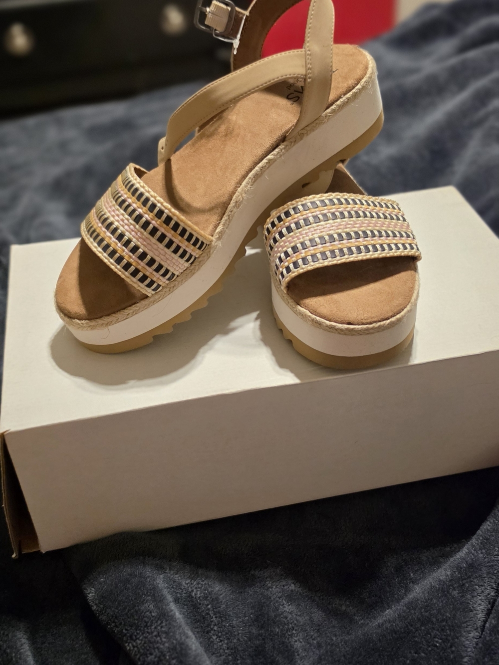 Toms Beige Woven Strap Platform Sandals with Multi-Stripe Detail